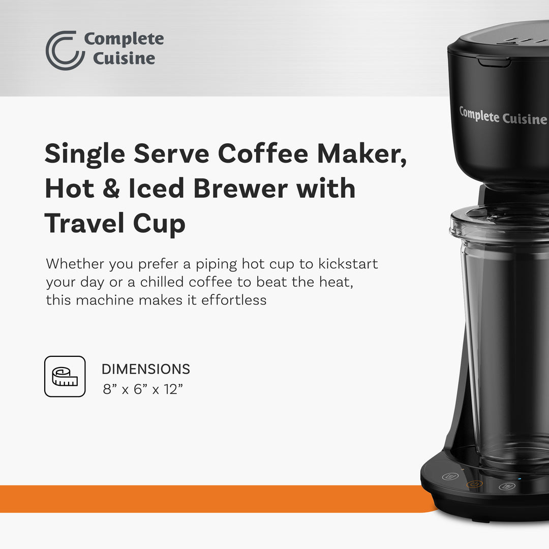 Complete Cuisine Single Serve Coffee Maker, Hot & Iced Brewer, Travel Cup, Black