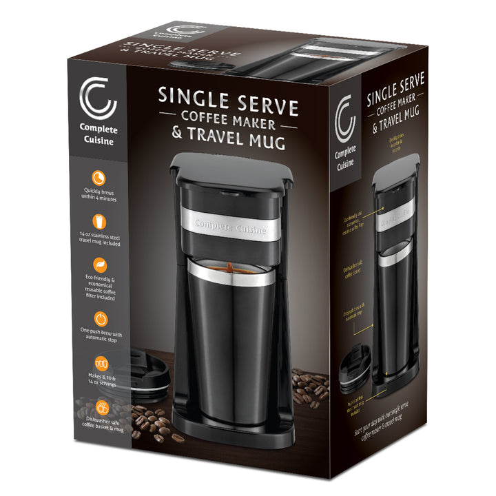 Complete Cuisine Single Coffee Maker Brewer, Stainless Steel Travel Cup, Black