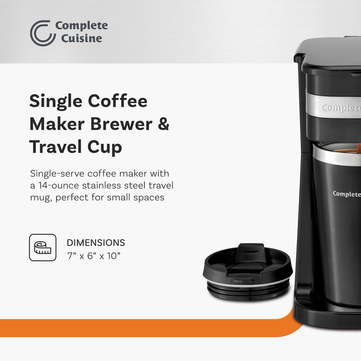 Complete Cuisine Single Coffee Maker Brewer, Stainless Steel Travel Cup, Black