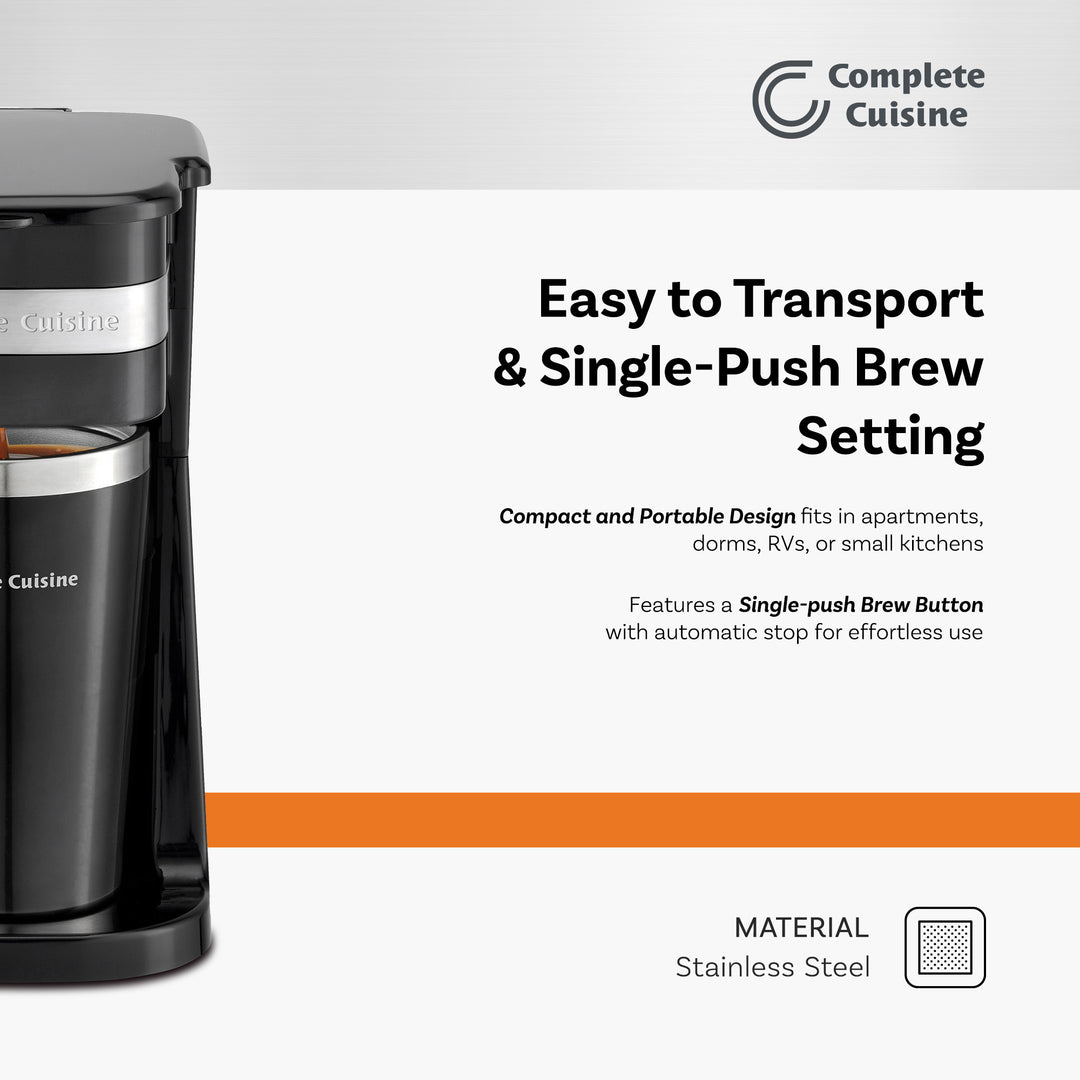 Complete Cuisine Single Coffee Maker Brewer, Stainless Steel Travel Cup, Black