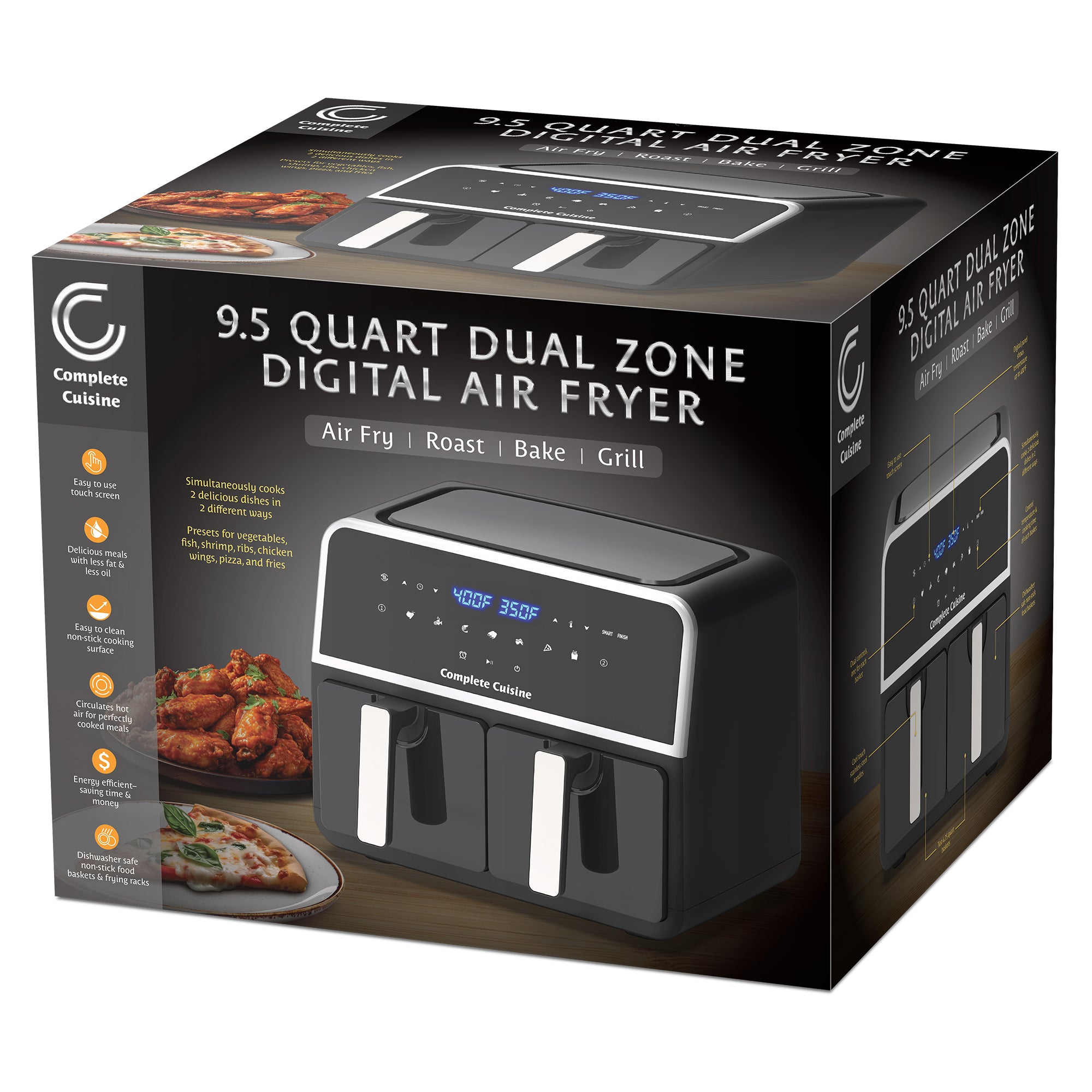 Complete Cuisine 9.5 Quart Dual Zone Air Fryer, Touch Screen, Non-Stick, Black - VMInnovations