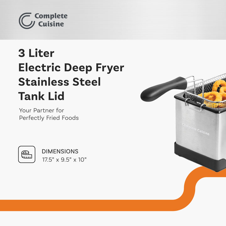Complete Cuisine 1200W 3L Electric Deep Fryer with Stainless Steel Tank Lid