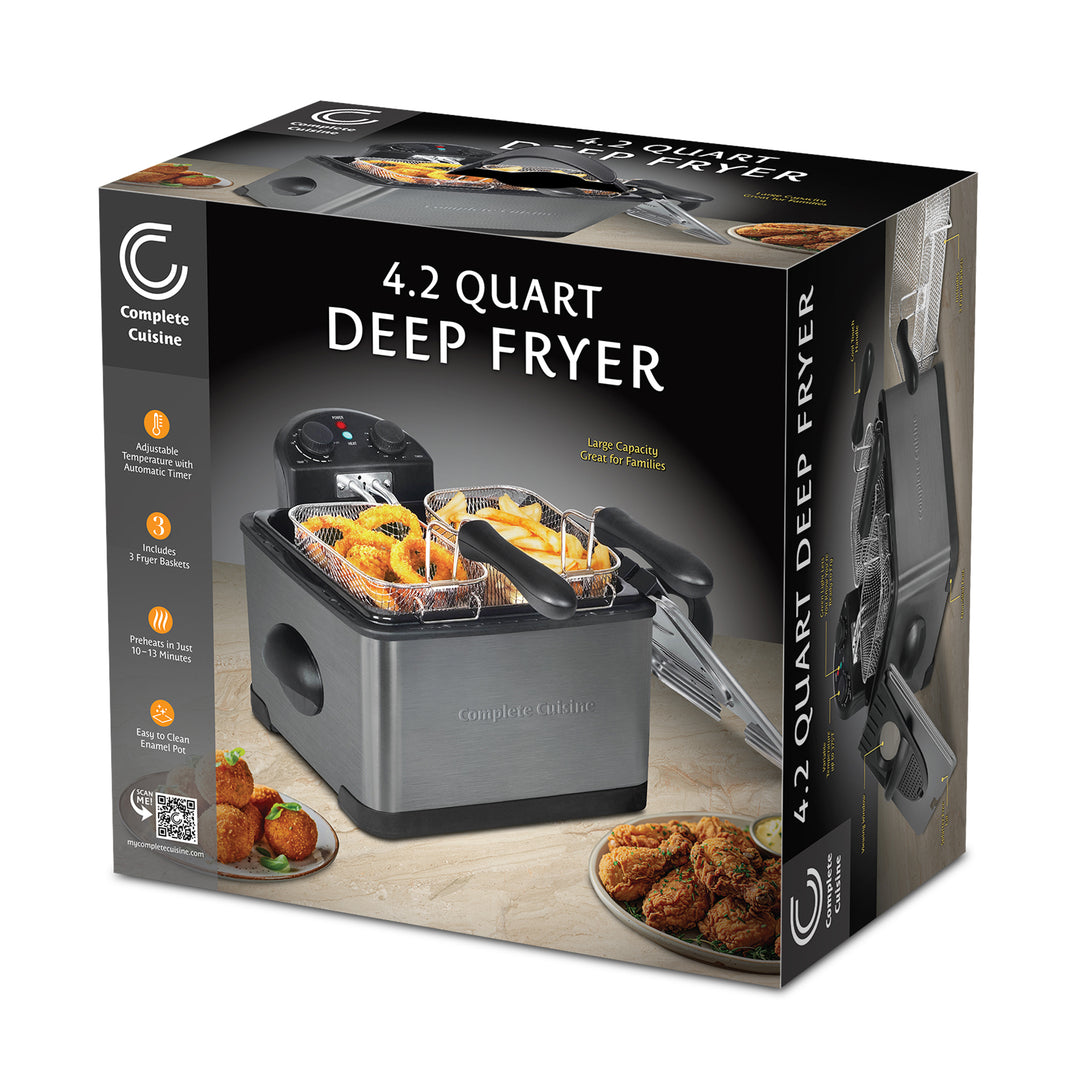 Complete Cuisine 4 Liter Electric Deep Fryer with 3 Fryer Baskets, Lid & Filter