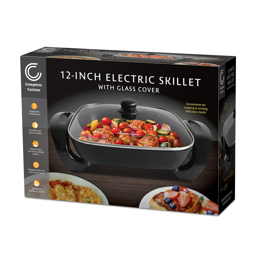 Complete Cuisine Electric Skillet with Glass Lid and Temperature Settings, 12"