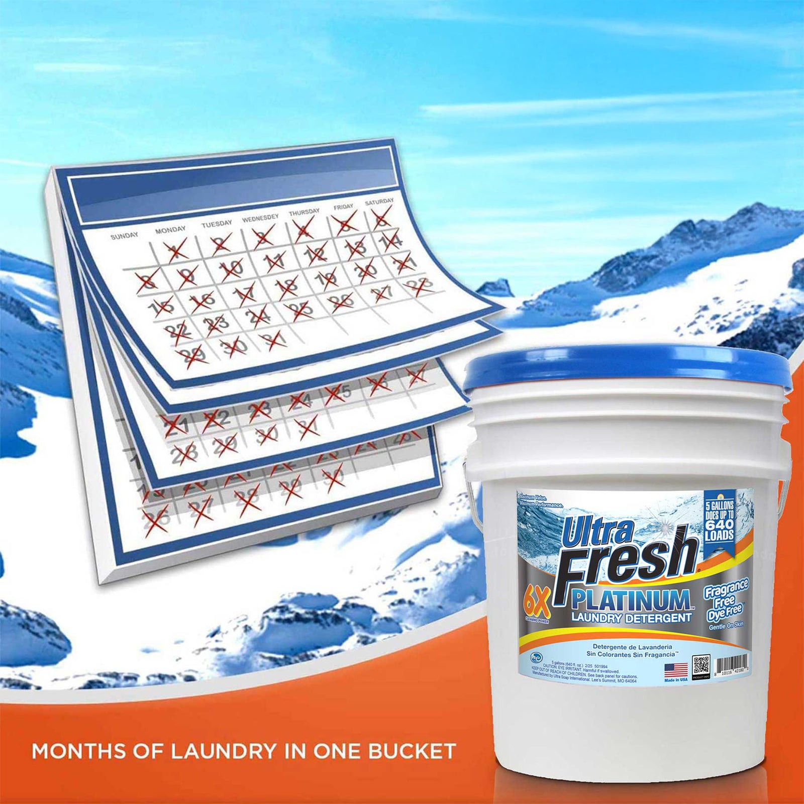 Ultra Fresh 6X Platinum Laundry Detergent, Fragrance Free + Dye Free, 5 Gallon - VMInnovations