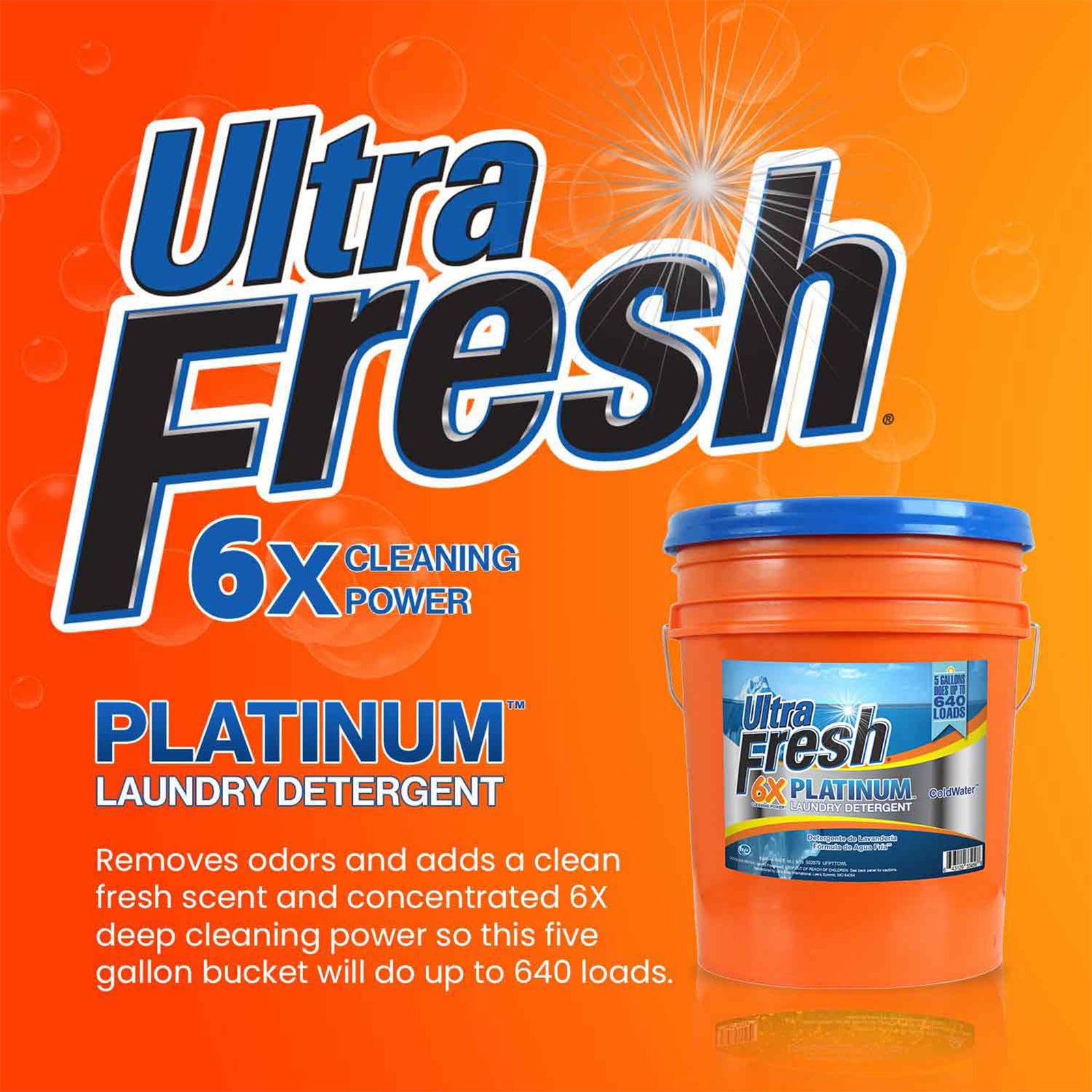 Ultra Fresh 6X Platinum Laundry Detergent, Up to 640 Loads, ColdWater, 5 Gallon - VMInnovations