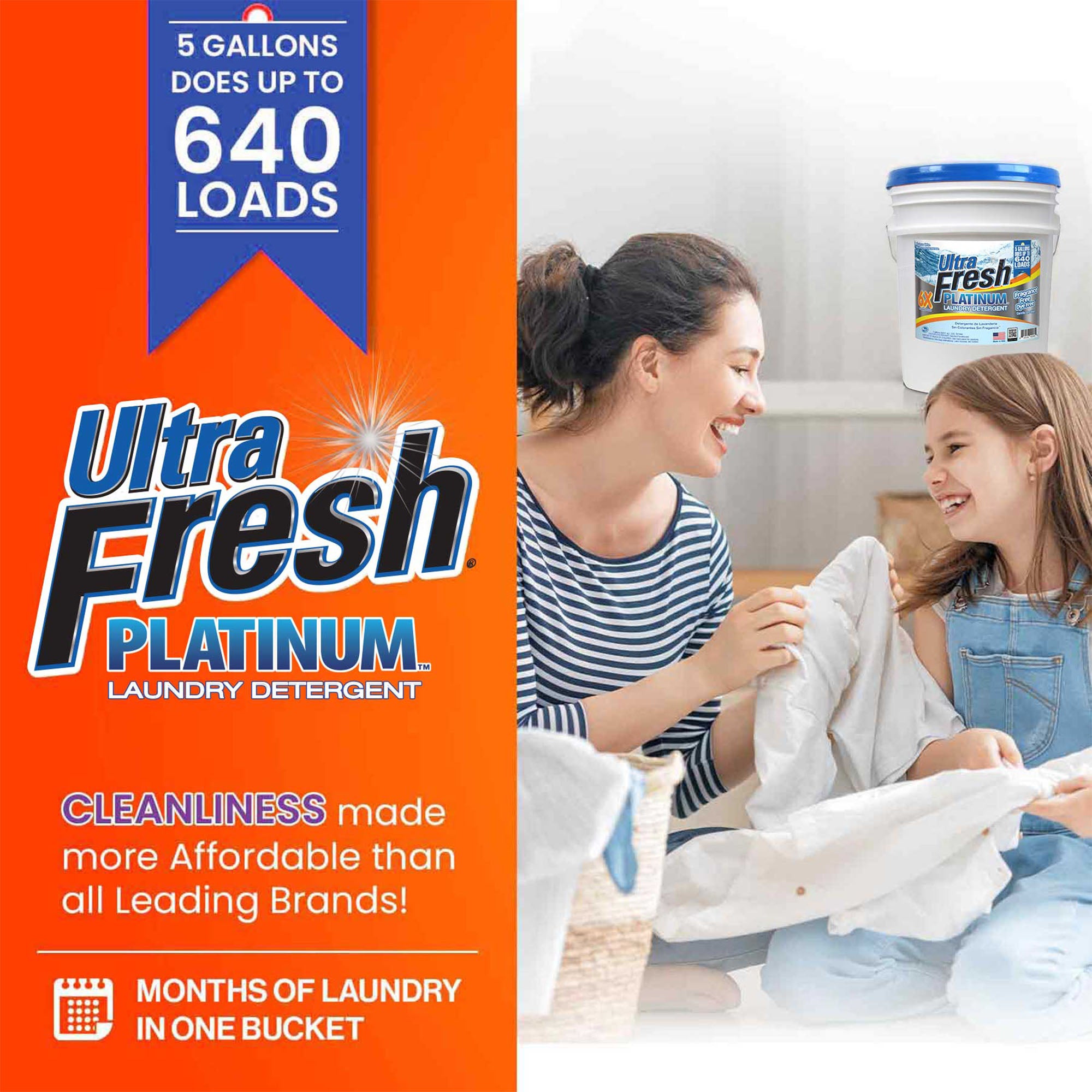 Ultra Fresh 6X Platinum Laundry Detergent, Fragrance Free + Dye Free, 5 Gallon - VMInnovations