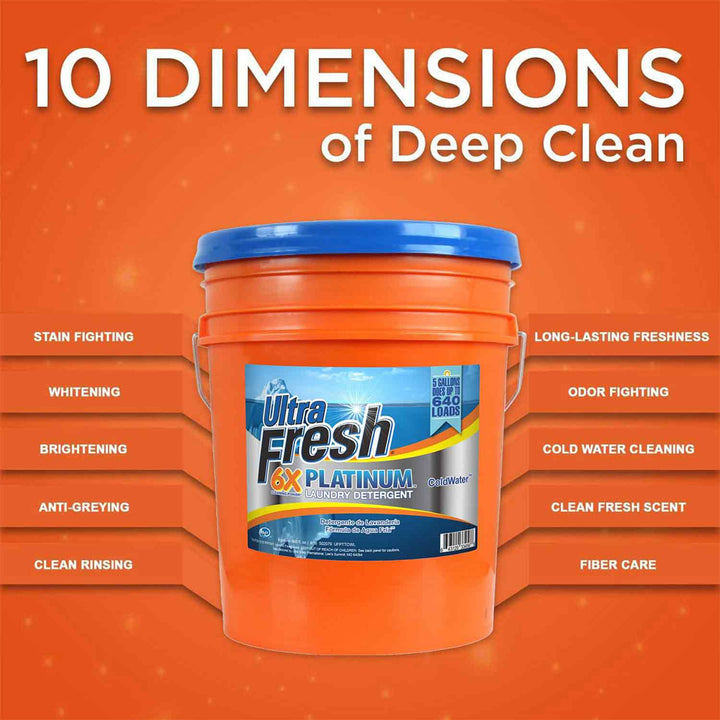 Ultra Fresh 6X Platinum Laundry Detergent, Up to 640 Loads, ColdWater, 5 Gallon
