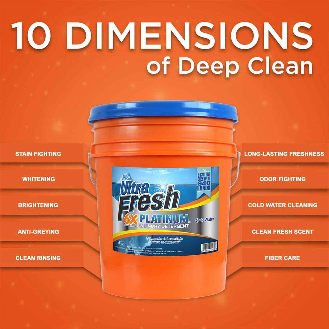 Ultra Fresh 6X Platinum Laundry Detergent, Up to 640 Loads, ColdWater, 5 Gallon