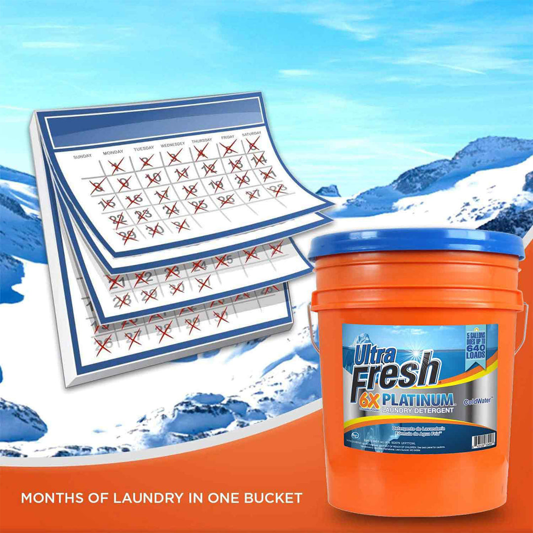 Ultra Fresh 6X Platinum Laundry Detergent, Up to 640 Loads, ColdWater, 5 Gallon