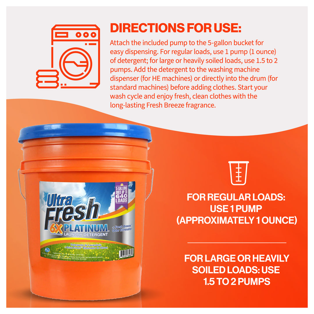 Ultra Fresh 6X Platinum Laundry Detergent, Up to 640 Loads, Fresh Breeze, 5 Gal