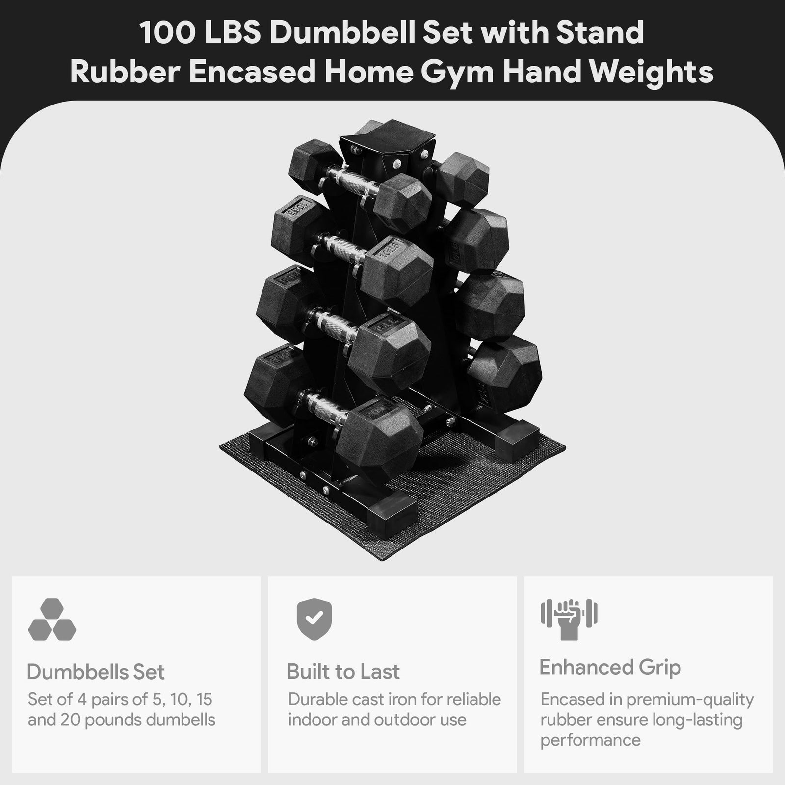 BalanceFrom Dumbbell Set with Stand, Rubber Encased Home Gym Hand Weights, 100lb - VMInnovations