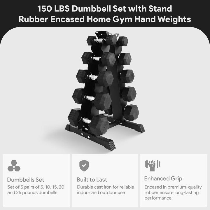 BalanceFrom Dumbbell Set with Stand, Rubber Home Gym Weights, 150lb (Open Box)
