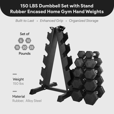 BalanceFrom Dumbbell Set with Stand, Rubber Home Gym Weights, 150lb (Open Box) - VMInnovations