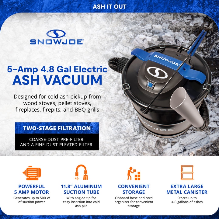Snow Joe 4.8 Gallon Bagless Ash Vacuum Cleaner, Metal Canister, Blue, ASHJ202E