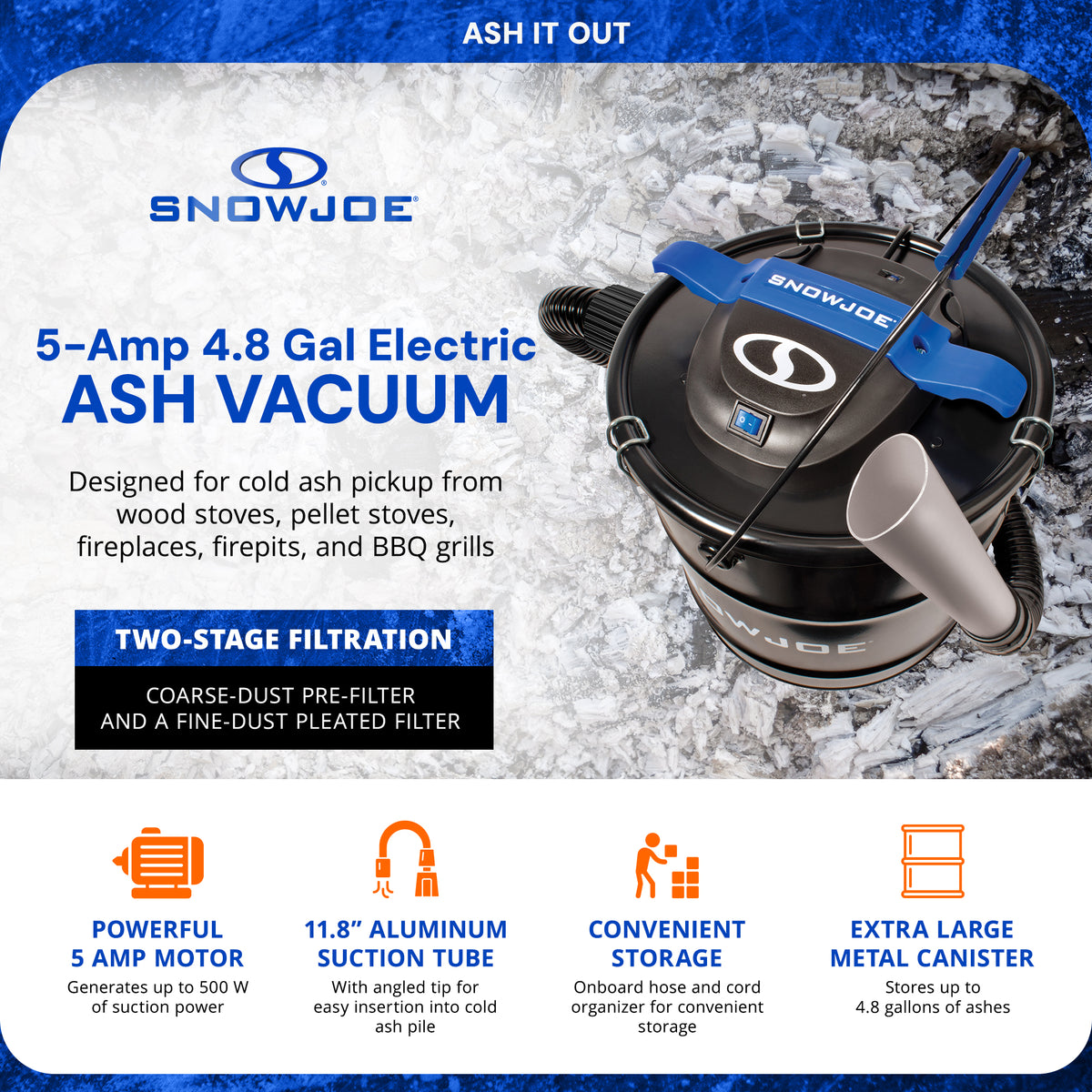 Snow Joe 4.8 Gallon Bagless Ash Vacuum Cleaner, Metal Canister, Blue (Open Box)