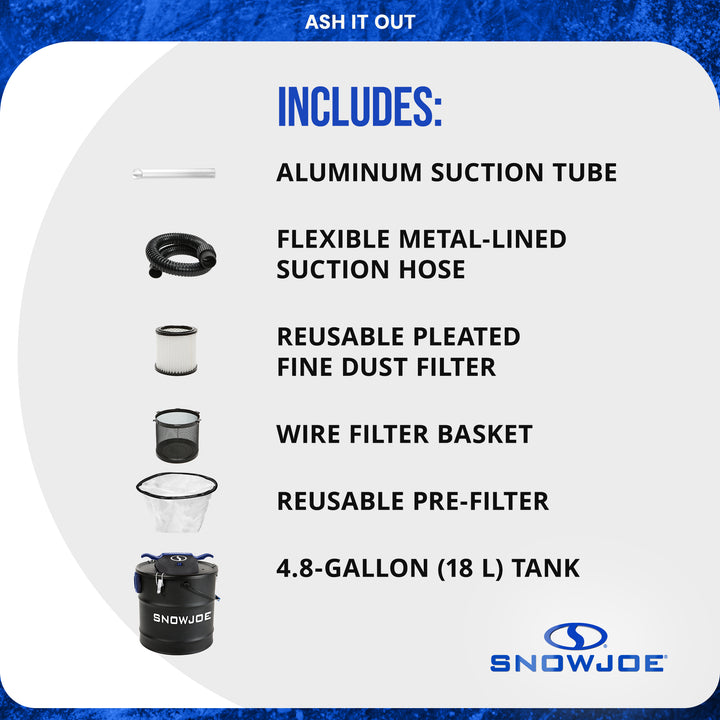 Snow Joe 4.8 Gallon Bagless Ash Vacuum Cleaner, Metal Canister, Blue, ASHJ202E