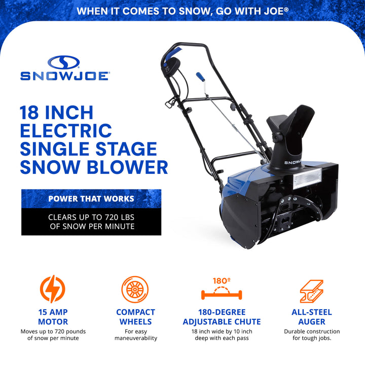 Snow Joe 18" Electric Single Stage Snow Blower, 15 Amp Motor w/Headlight (Used)