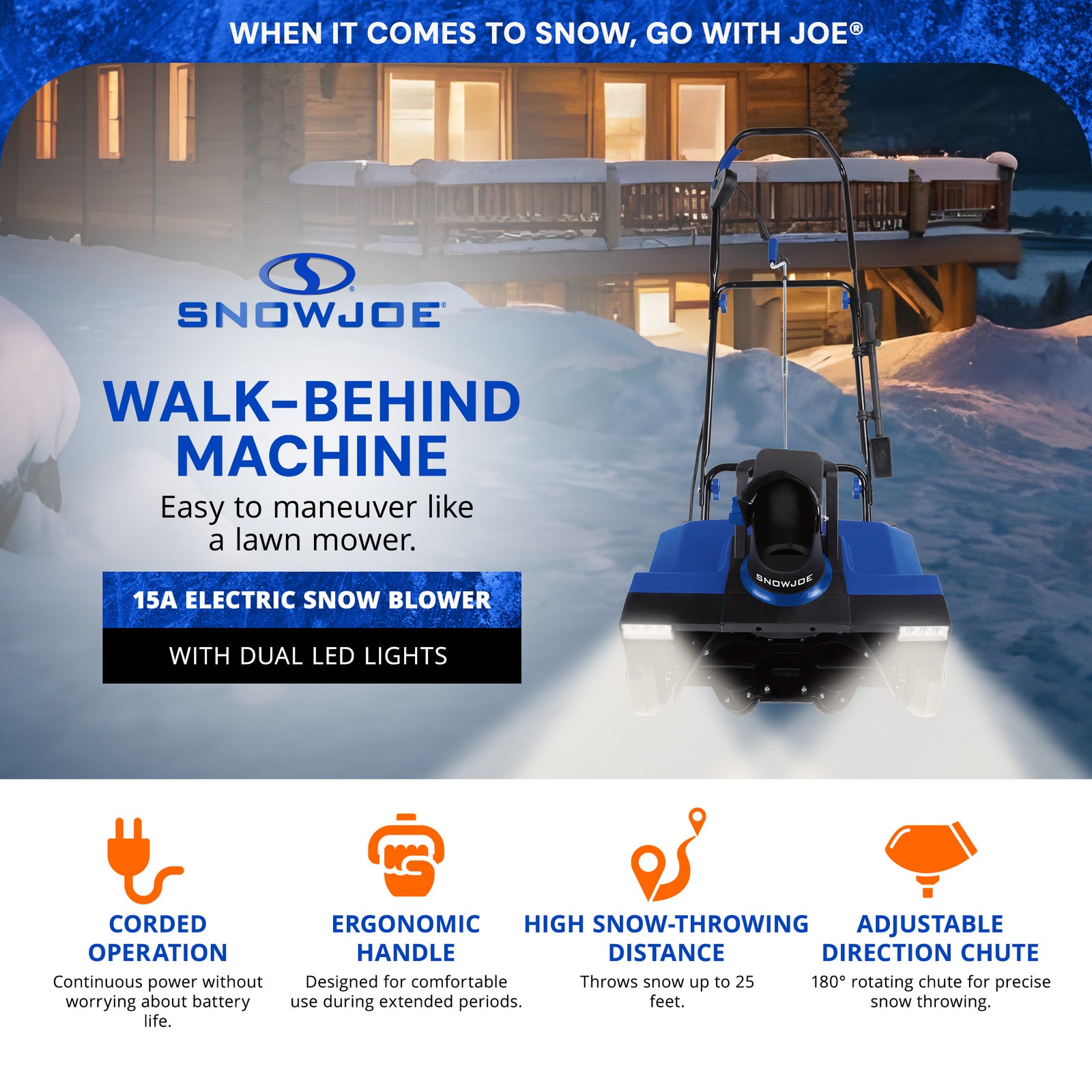 Snow Joe 15A Electric Walk Behind Snow Blower with Dual LED Lights, SNJ-SJ627E - VMInnovations