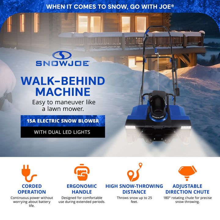 Snow Joe 15A Electric Snow Blower with Dual LED Lights, 22" Walk-Behind Machine