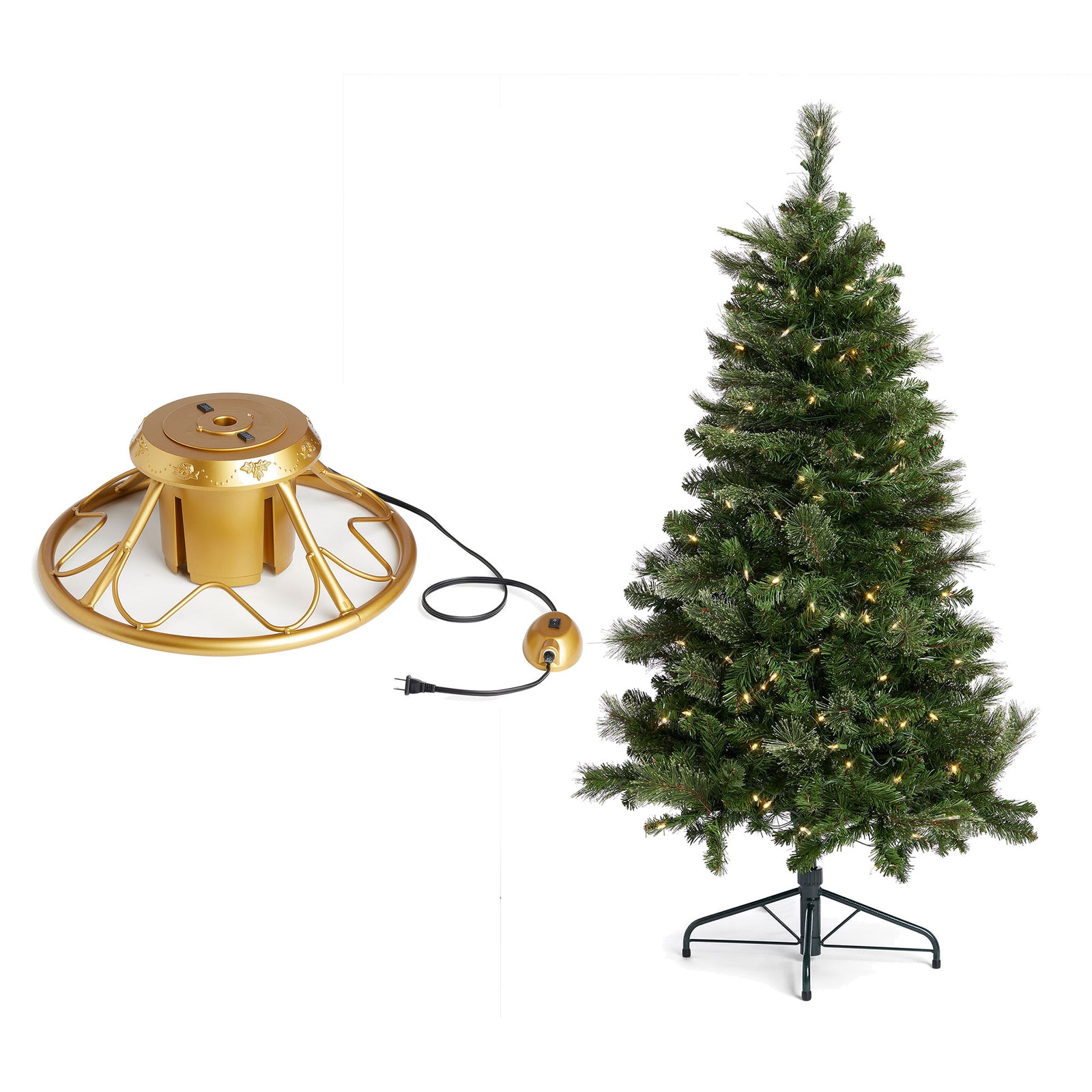 Home Heritage Rotating Tree Stand Base with Cascade Quick Set 5-Ft Pre-Lit Tree - VMInnovations