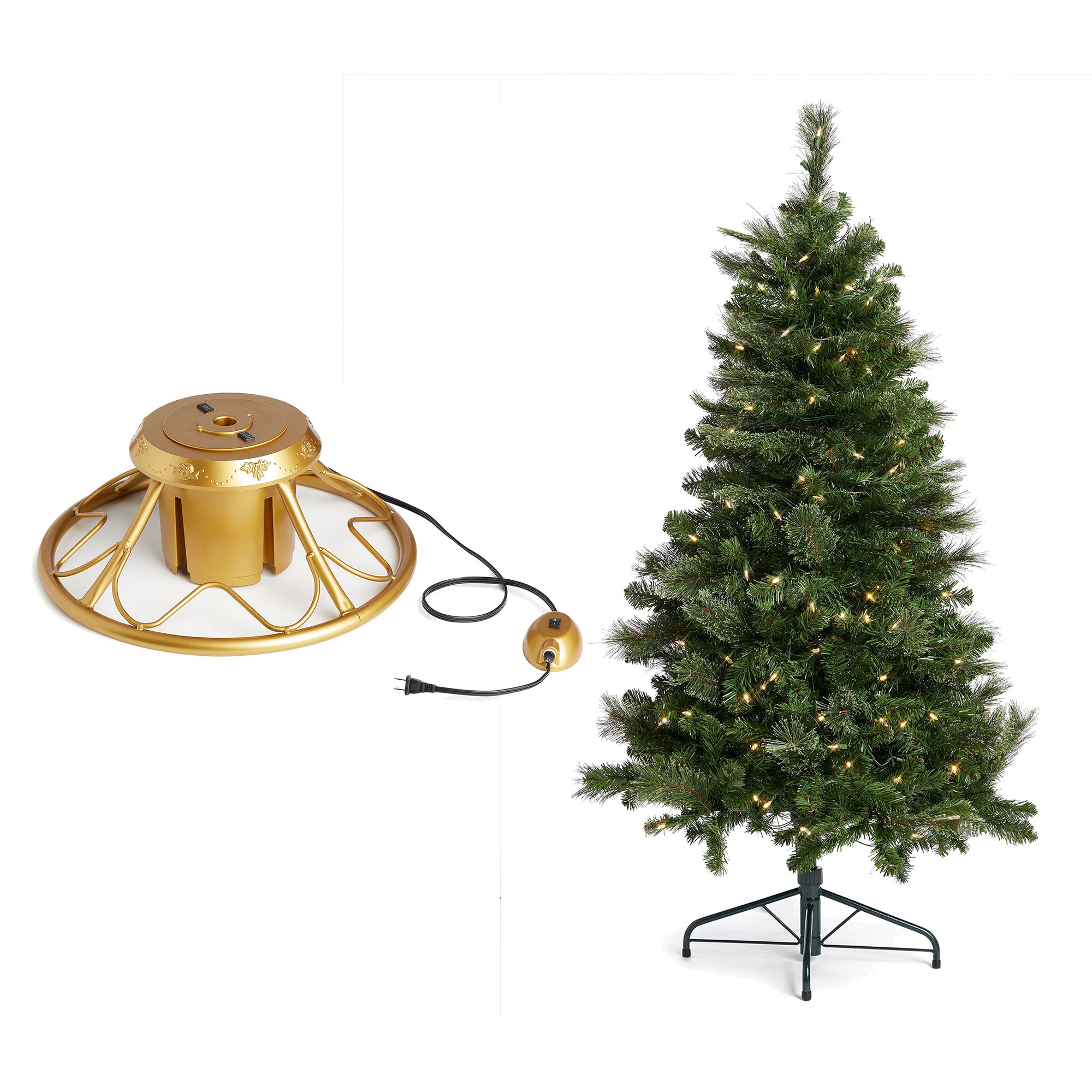 Home Heritage Rotating Tree Stand Base with Cascade Quick Set 5-Ft Pre-Lit Tree - VMInnovations