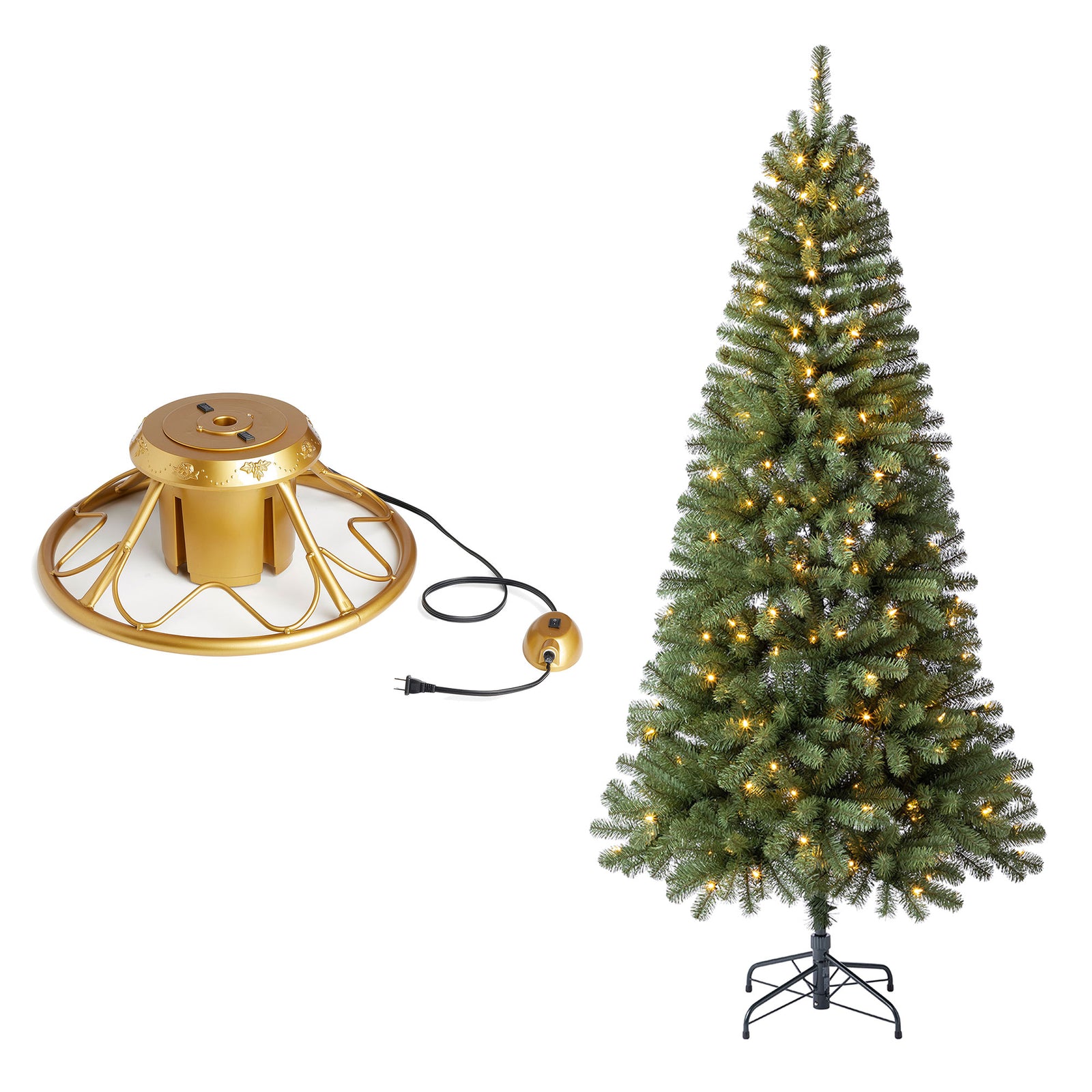 Home Heritage Rotating Tree Stand Base w/Brighampton Spruce 7' Pre-Lit Xmas Tree - VMInnovations
