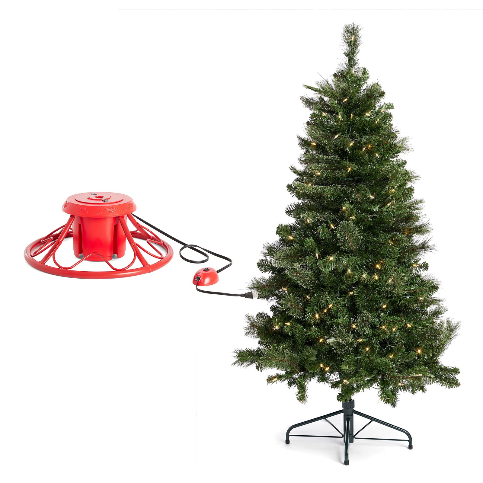 Home Heritage Rotating Tree Stand Base with Cascade Quick Set 5-Ft Pre-Lit Tree - VMInnovations