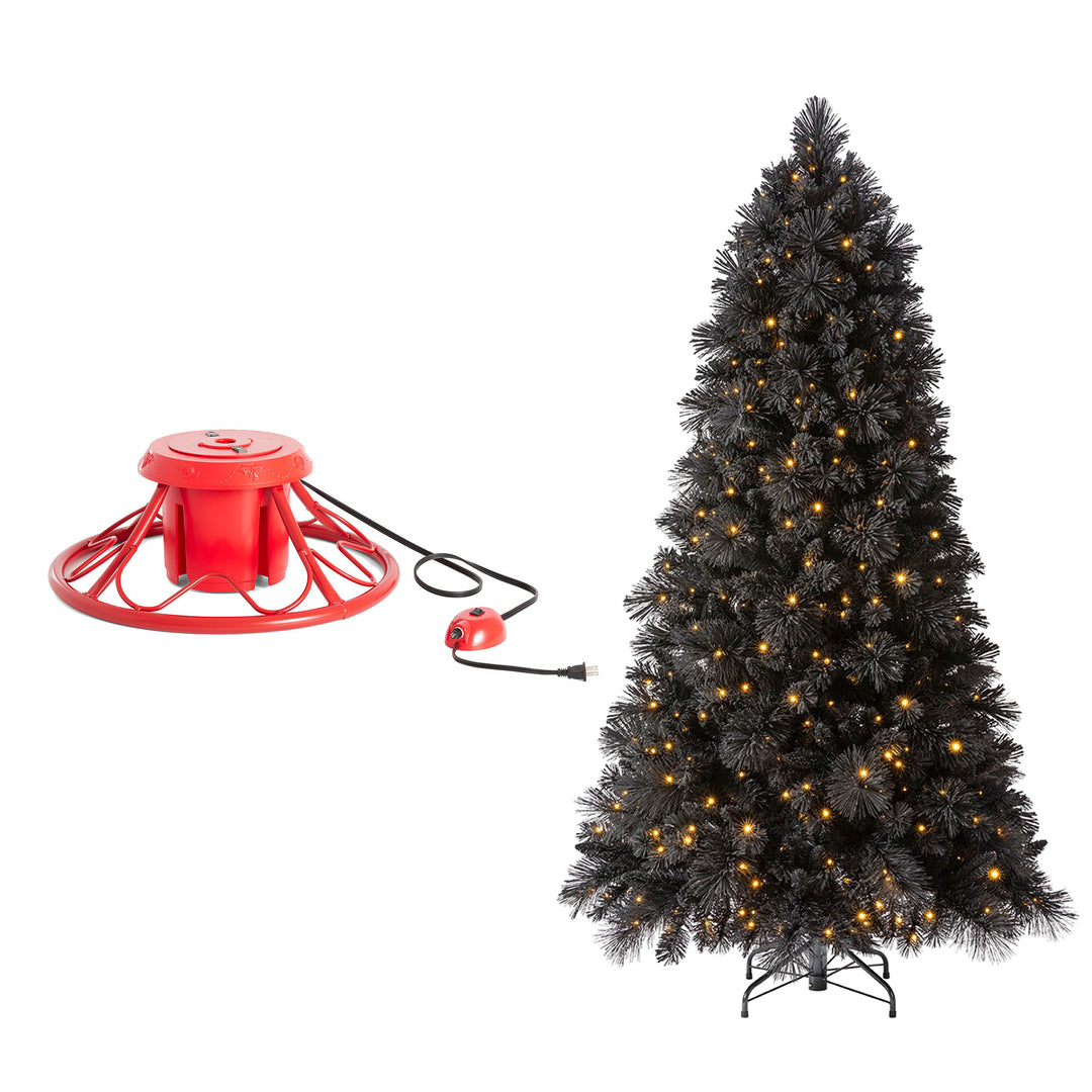 Home Heritage Rotating Tree Stand Base w/ Snowdrift 6.5 Ft Pre-Lit Holiday Tree - VMInnovations