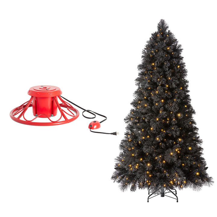 Home Heritage Rotating Tree Stand Base w/ Snowdrift 6.5 Ft Pre-Lit Holiday Tree - VMInnovations