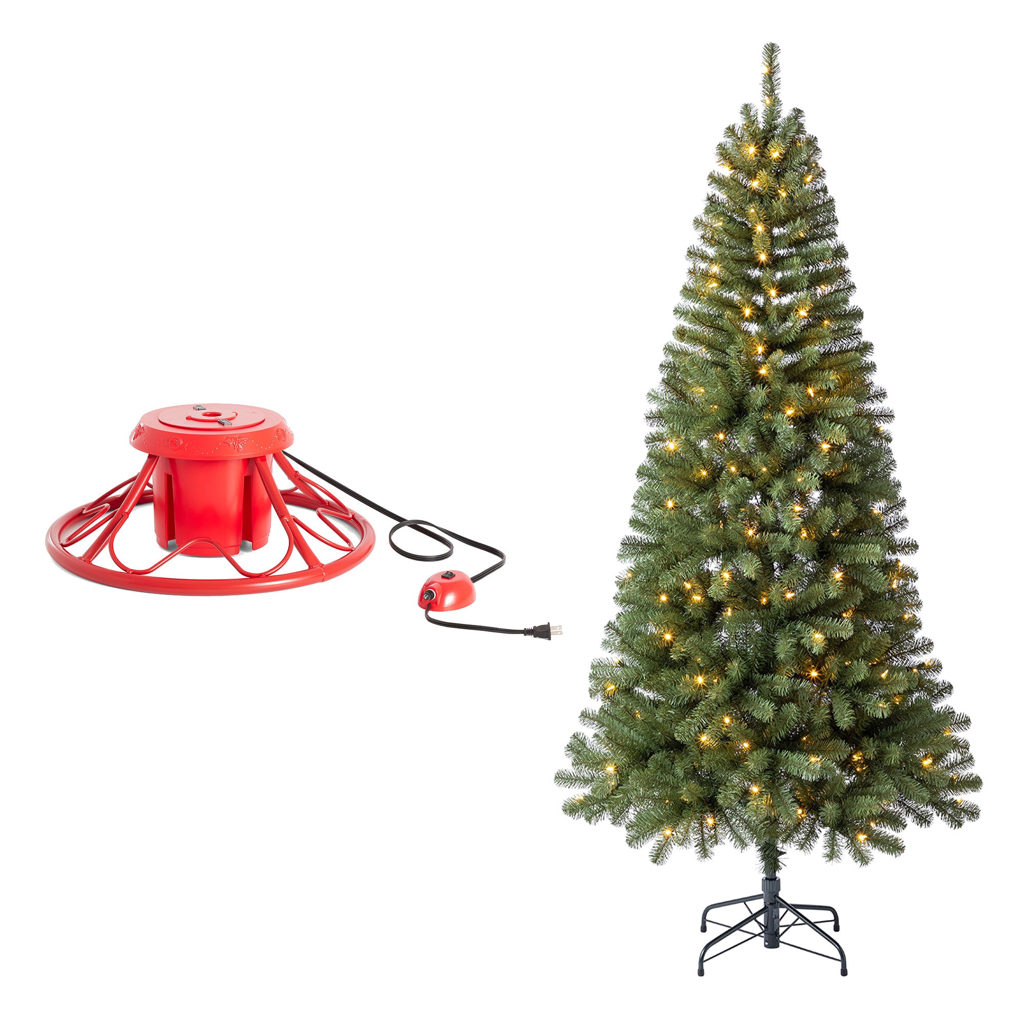 Home Heritage Rotating Tree Stand Base w/ Brighampton Spruce 7 Ft Holiday Tree - VMInnovations