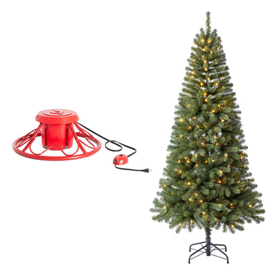 Home Heritage Rotating Tree Stand Base w/ Brighampton Spruce 7 Ft Holiday Tree - VMInnovations