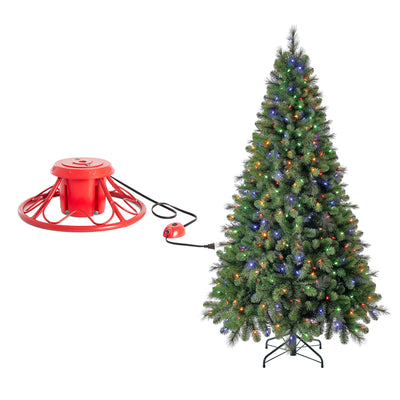 Home Heritage Rotating Tree Stand Base w/ Cascade 7 Ft Pre-Lit Holiday Tree - VMInnovations