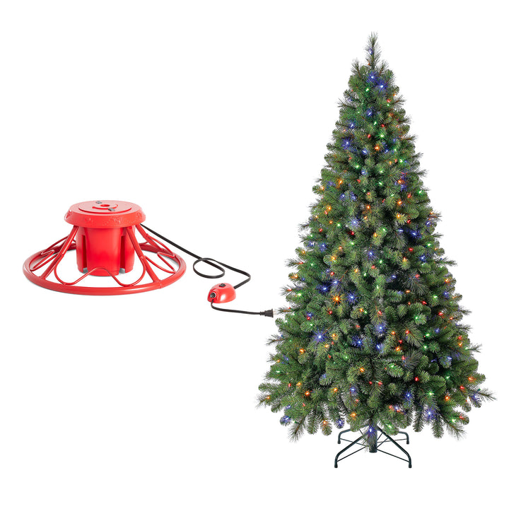 Home Heritage Rotating Tree Stand Base w/ Cascade 7 Ft Pre-Lit Holiday Tree - VMInnovations