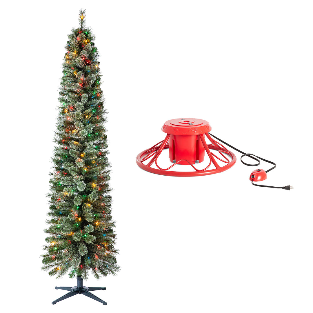 Home Heritage Rotating Tree Stand Base w/Stanley 7' Skinny Pencil Christmas Tree