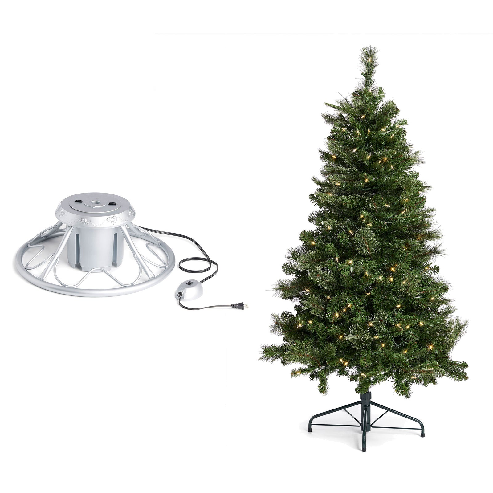 Home Heritage Rotating Tree Stand Base with Cascade Quick Set 5-Ft Pre-Lit Tree - VMInnovations