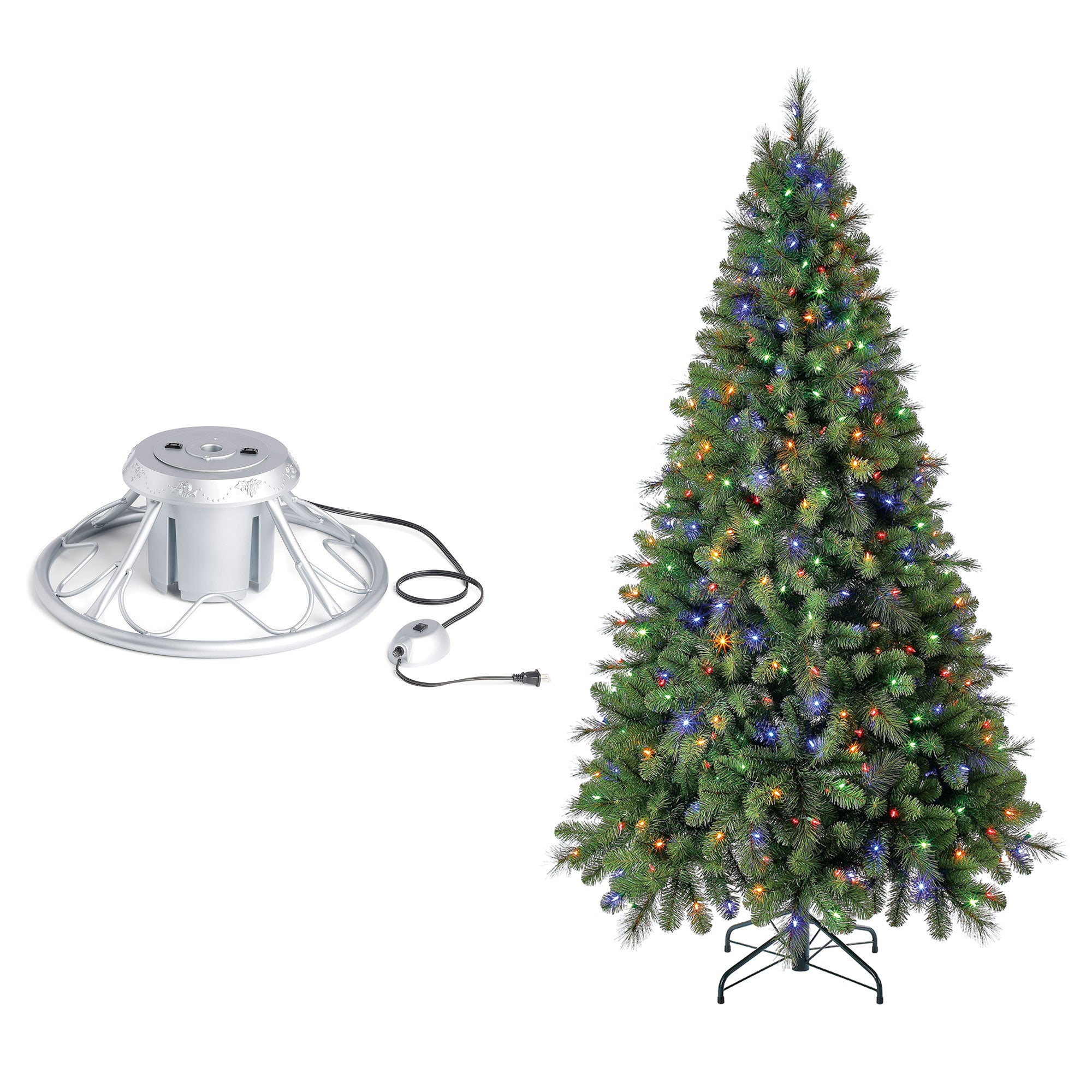 Home Heritage Rotating Tree Stand Base with Cascade Quick Set 7-Ft Pre-Lit Tree - VMInnovations