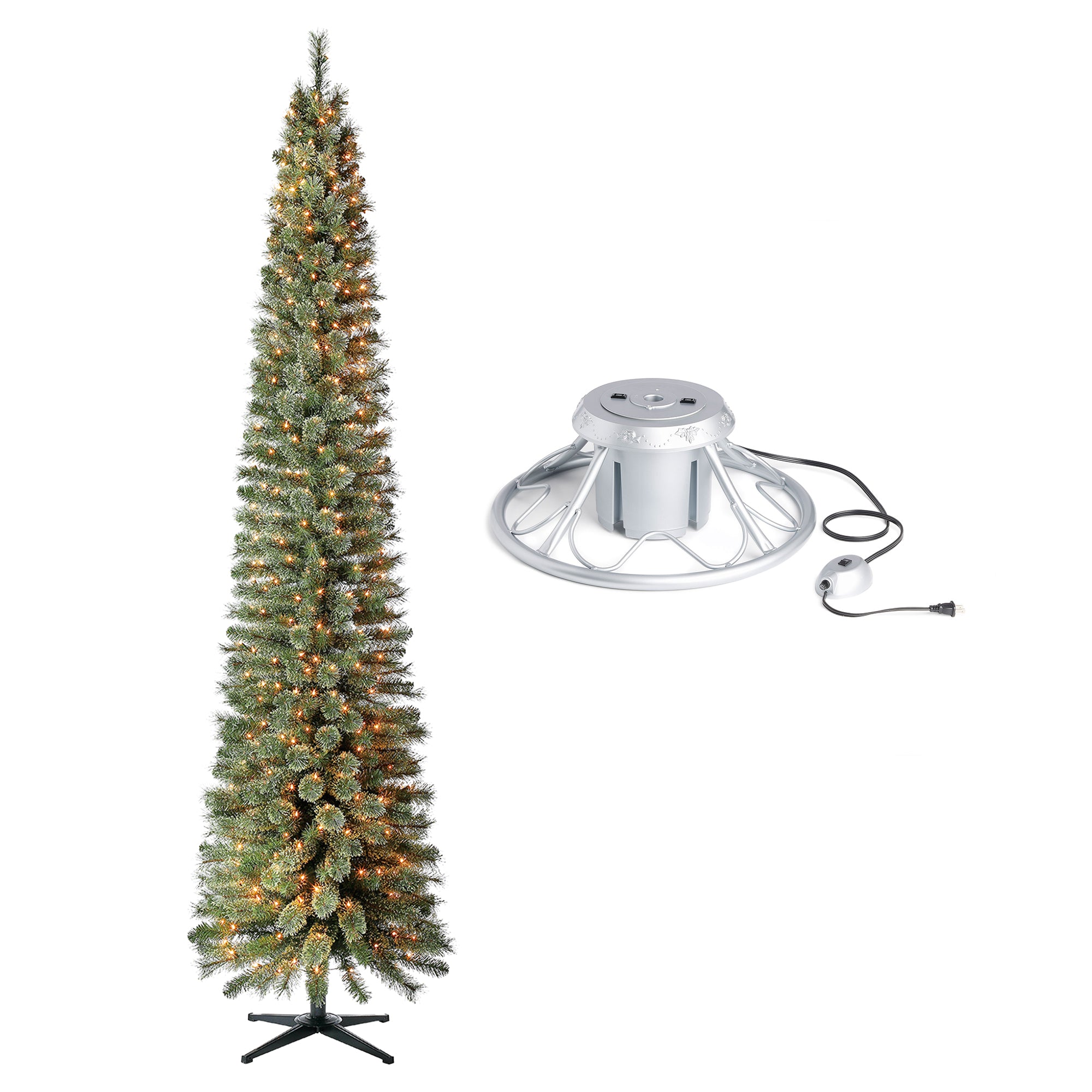 Home Heritage Rotating Tree Stand Base w/Stanley 9' Skinny Pencil Christmas Tree - VMInnovations