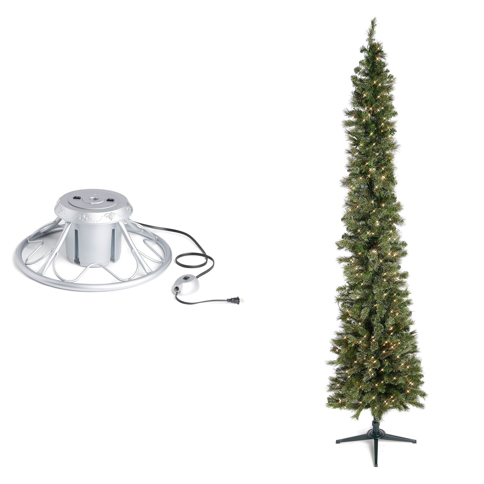 Home Heritage Rotating Tree Stand Base w/Stanley 9' Skinny Pencil Christmas Tree - VMInnovations