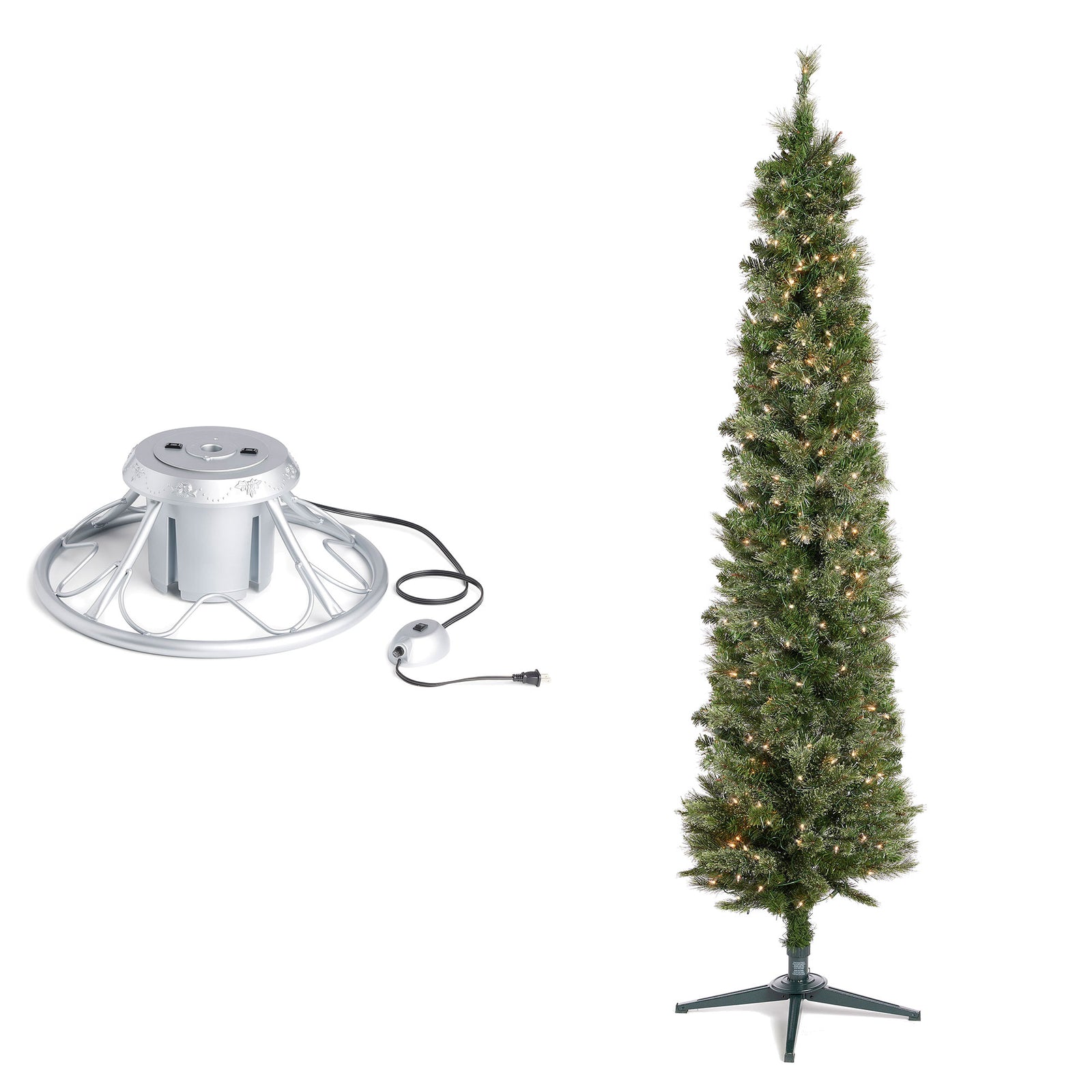Home Heritage Rotating Tree Stand Base w/Stanley 7' Skinny Pencil Christmas Tree - VMInnovations