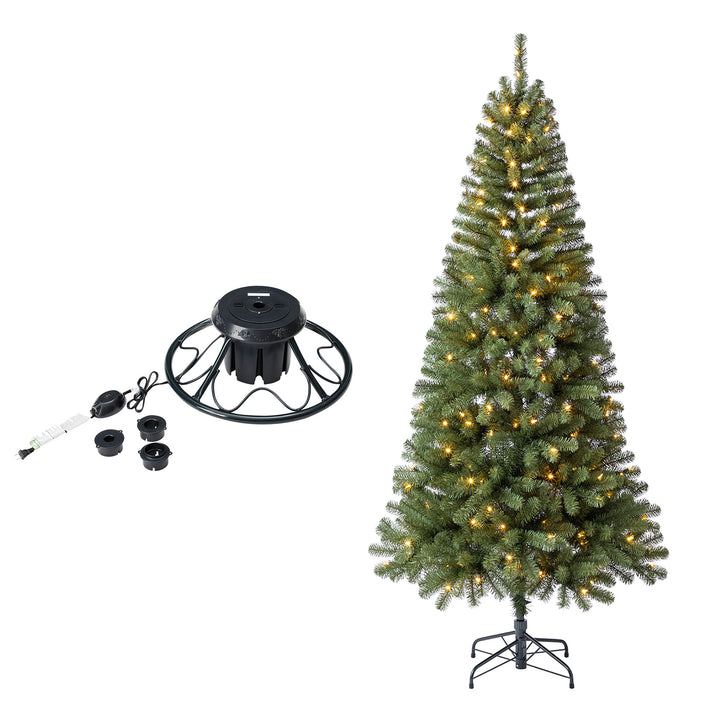 Home Heritage Rotating Tree Stand Base w/ Brighampton Spruce 7 Ft Holiday Tree