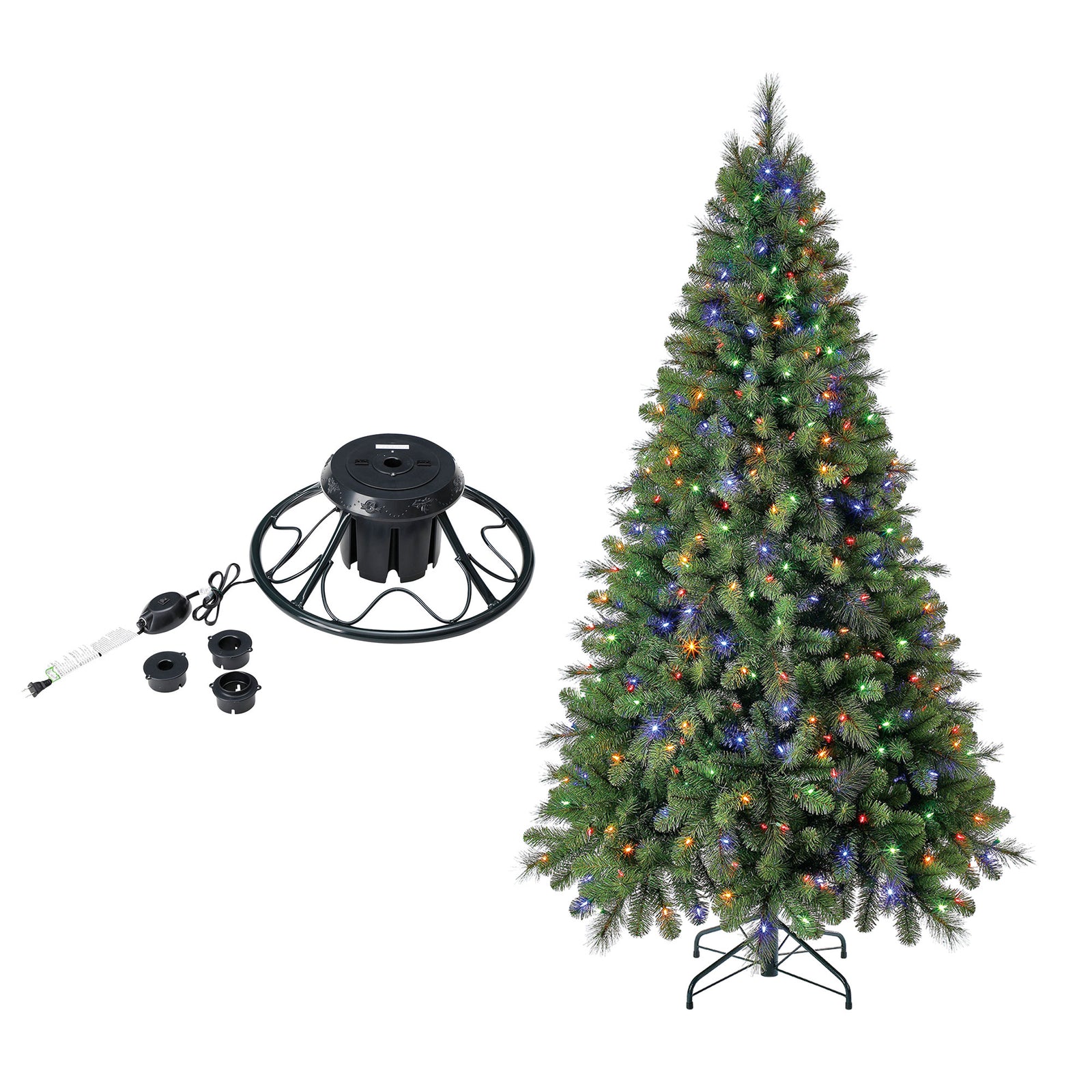 Home Heritage Rotating Tree Stand Base w/ Cascade 7 Ft Pre-Lit Holiday Tree - VMInnovations