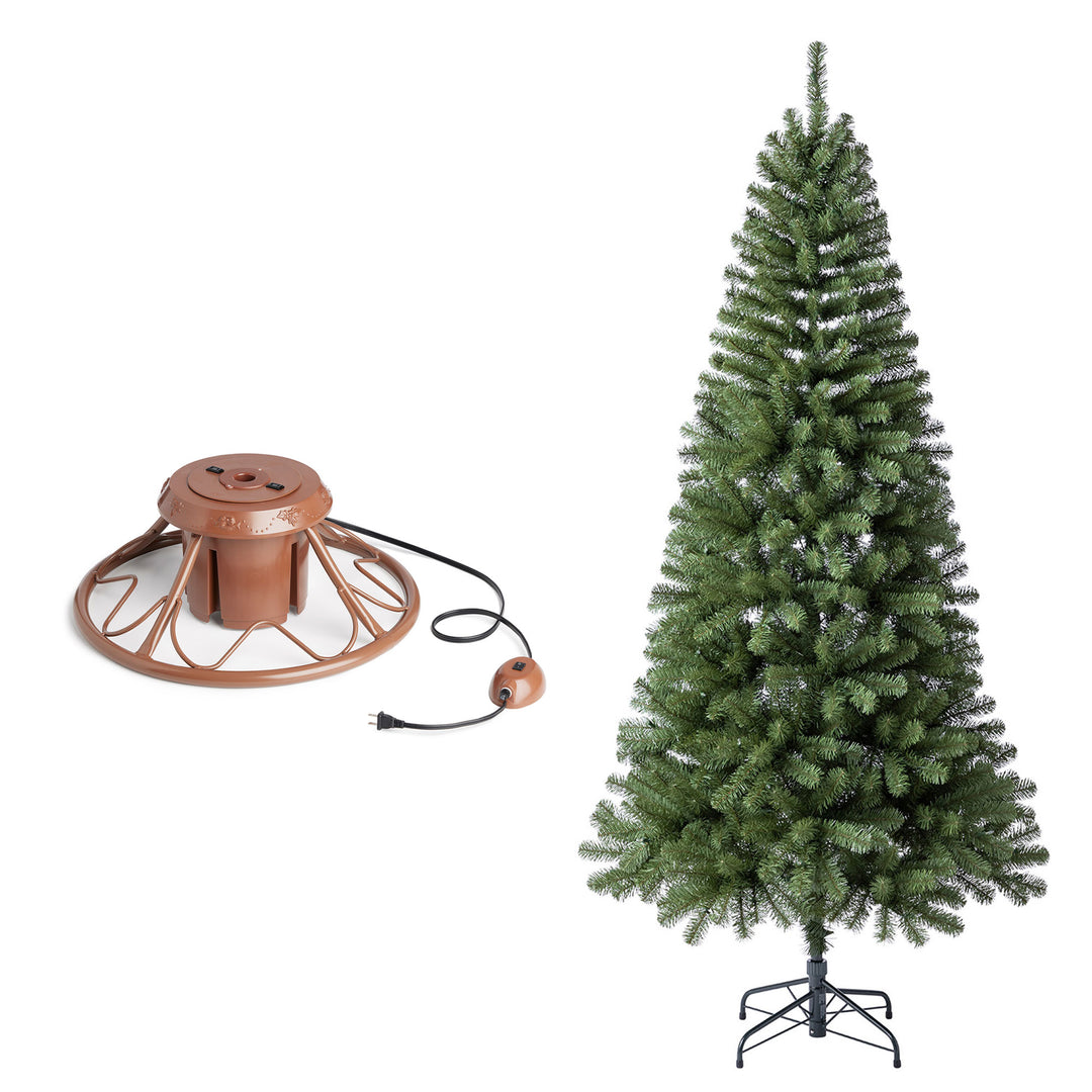 Home Heritage Rotating Tree Stand Base w/Brighampton Spruce 7' Pre-Lit Xmas Tree - VMInnovations