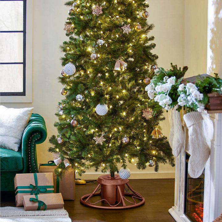 Home Heritage Rotating Tree Stand Base w/Brighampton Spruce 7' Pre-Lit Xmas Tree - VMInnovations