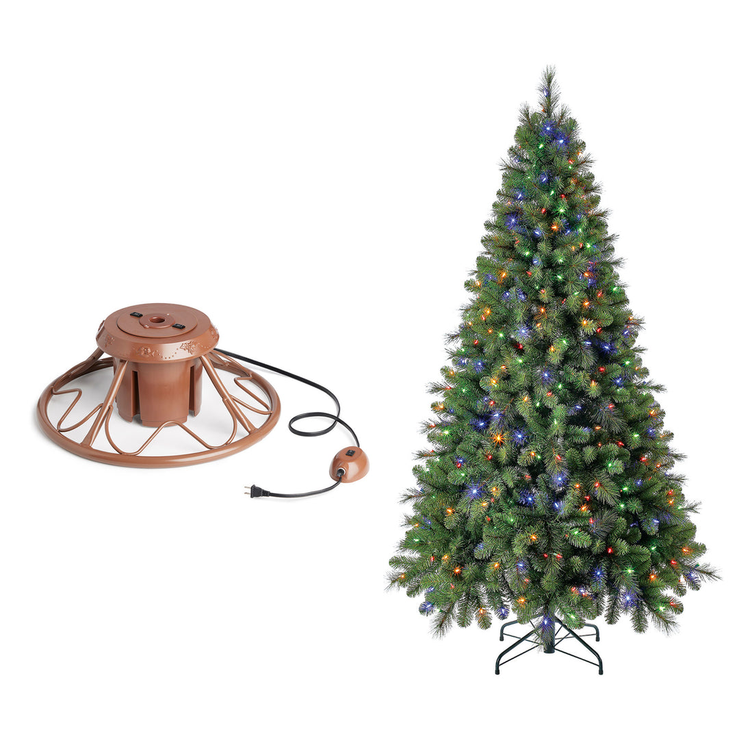 Home Heritage Rotating Tree Stand Base w/ Cascade 7 Ft Pre-Lit Holiday Tree - VMInnovations