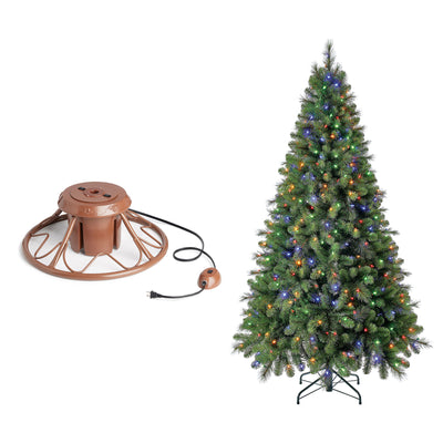 Home Heritage Rotating Tree Stand Base w/ Cascade 7 Ft Pre-Lit Holiday Tree - VMInnovations