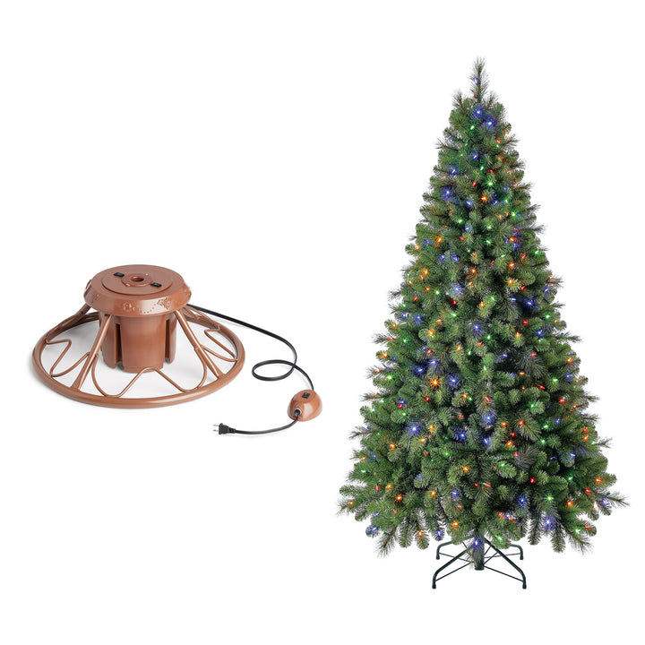 Home Heritage Rotating Tree Stand Base w/ Cascade 7 Ft Pre-Lit Holiday Tree - VMInnovations