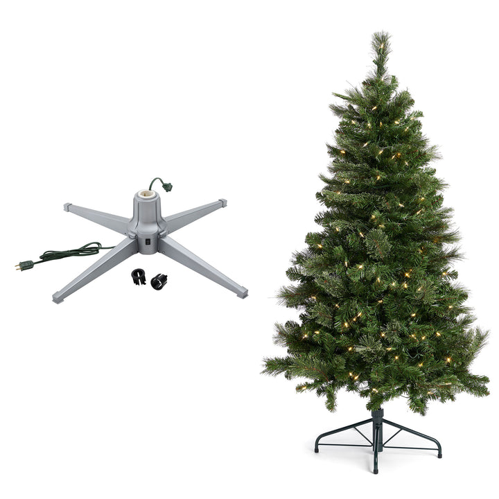 Home Heritage Rotating Tree Stand Base with Cascade Quick Set 5-Ft Pre-Lit Tree - VMInnovations