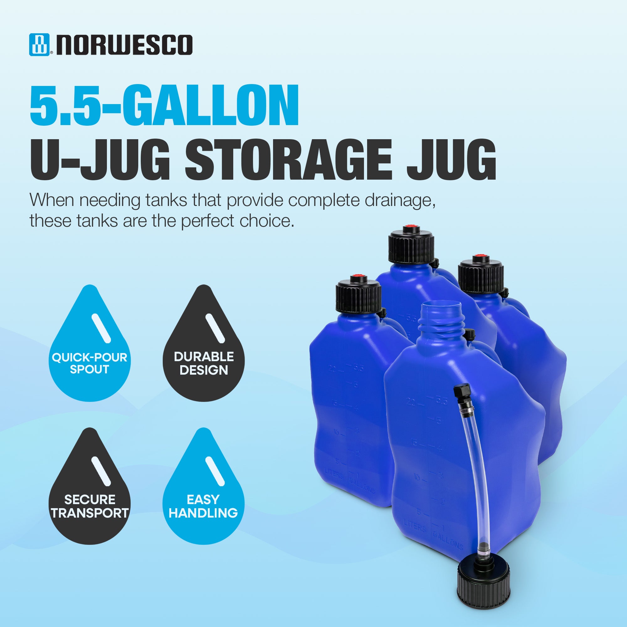 Bushman 4 Pack U-Jug Storage Jug, Portable Plastic Container, 5.5 Gal, Blue