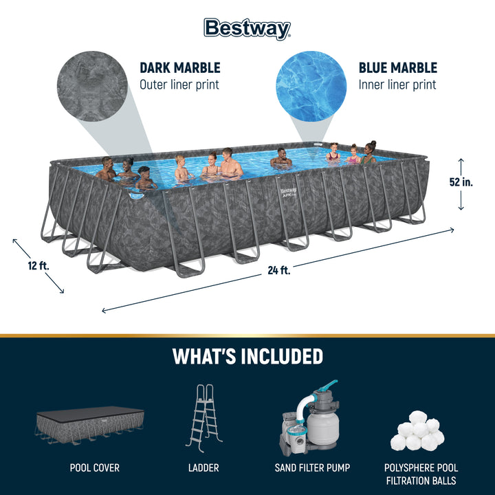 Bestway APX 365 24' x 12' x 52" Rectangular Above Ground Swimming Pool Set, Gray